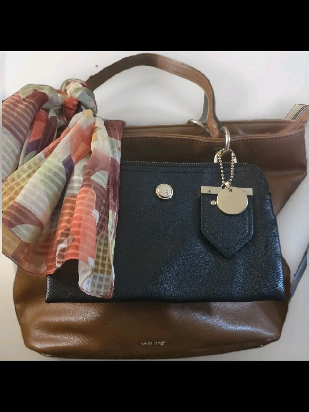 Nine West Two In One Brown and Black Shoulder Tote with Scarf Accent